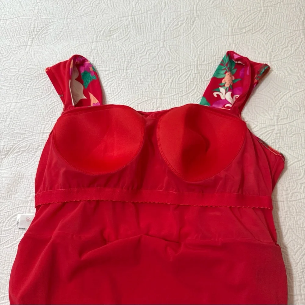 Lands 'End‎ 26W Smoothing Square Neck Ruched Swim Suit Dress Coral Rose Lilies